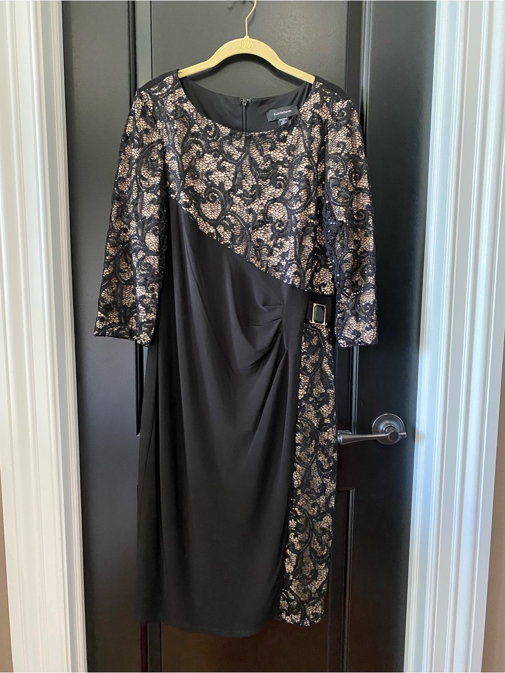 R&M Richards Black and Gold Lace Accent 3/4-Sleeve Sheath Dress - Size 12